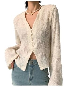 NWOT Commense Apricot Semi Sheer V-neck Ruffle Long Sleeve Blouse Sz L